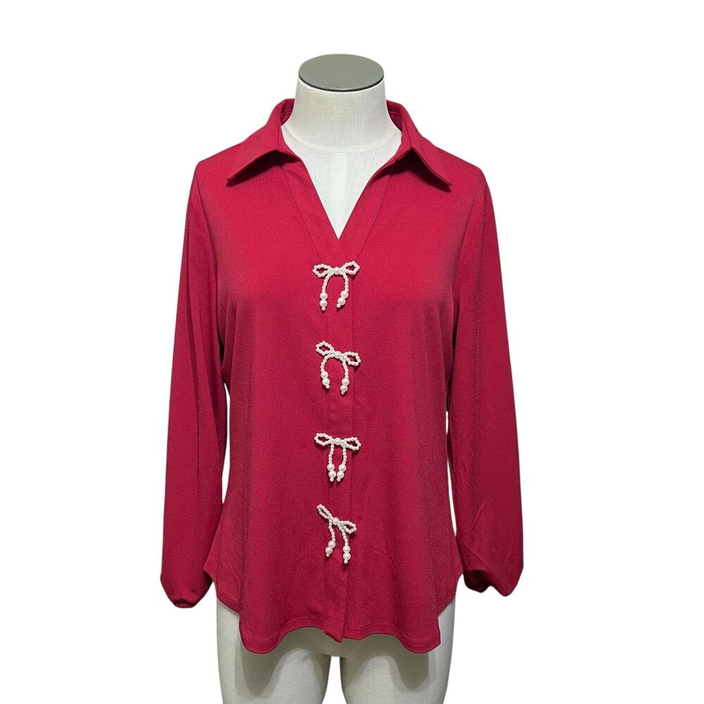 NWT Adrianna Papell Womens Red Long Sleeve Pearl Bow Coquette Blouse Sz S